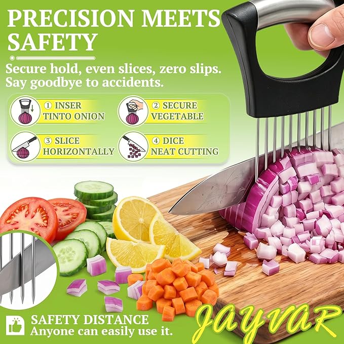 JAYVAR Onion Holder for Slicing,304 Stainless Steel Onion Slice Holder with 10 Long Needles,Onions Cutter Vegetable Chopper,Onions Chopper Tool,Food Slicing Guide for Neat Slicing,Tomato Potato Cutter