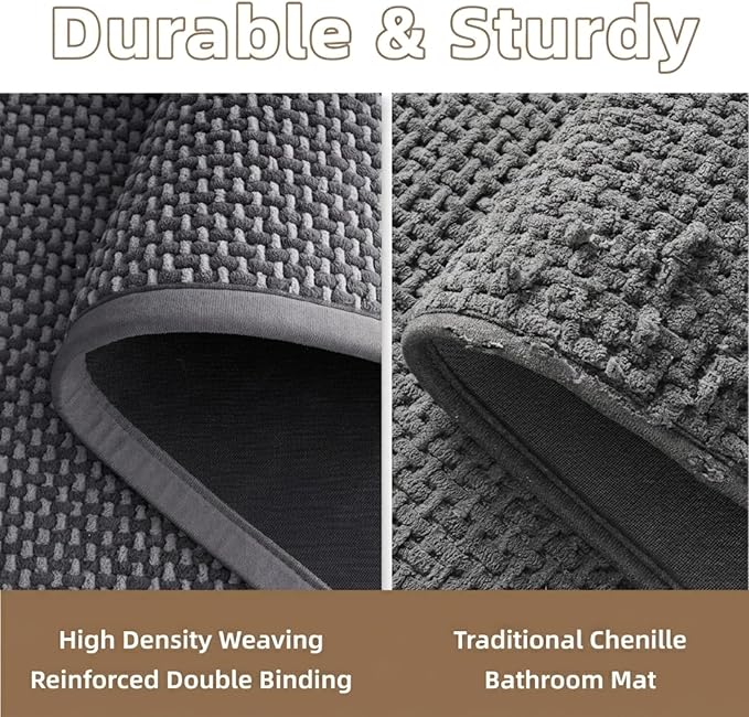 PADOOR-Bath Mat-Super Absorbent Chenille Bathroom Mats-Rubber Backed Bath Mats for Bathroom Non Slip, Easy Clean Bathroom Rugs Front of Bathtub,Shower Room,Sink-17×35, Grey&Darkgrey