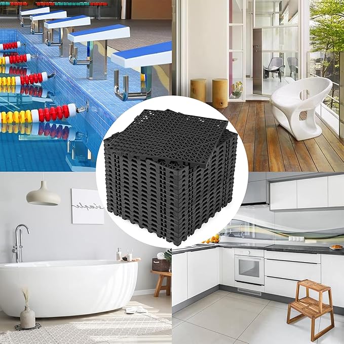 ToLanbbt Modular Interlocking Cushion 18P 11.8" x 11.8" Interlocking Rubber Floor Drain Holes Non-Slip Splicing Drainage Mats for Deck, Shower, Kitchen, Drain Pool, Sauna Bath, Indoor Outdoor (Black)