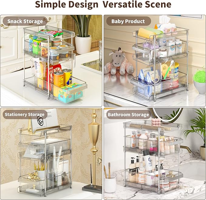 Clear Bathroom Organizers 2 Sets 3 Tier, Pull Out Organizer and Storage with 2 Cups, Slide Out Drawer Storage Container with 6 Dividers, Multi-Purpose Bathroom Organizer, Kitchen Under Sink Organizer