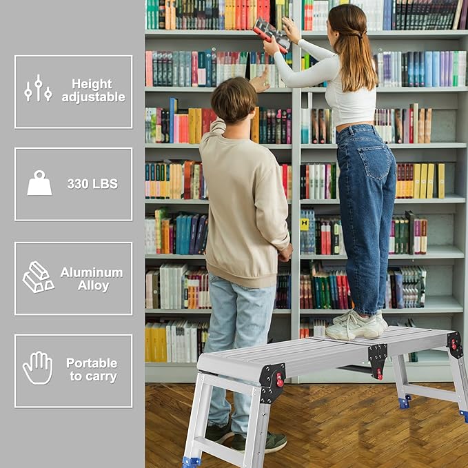 Foldable Aluminum Work Platform, 12.7 lb, Easy-Installation, Capacity of 500 lbs, Non-Slip, Step Stool for Adults with Adjustable Height, Heavy Duty & Portable Step Ladder