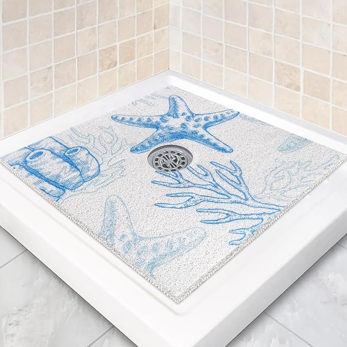 Square Shower Mat Non Slip: 27 x 27 Inch Extra Large Shower Mats with Drain Hole in Middle - PVC Loofah Anti Slip Shower Floor Matt for Inside Shower