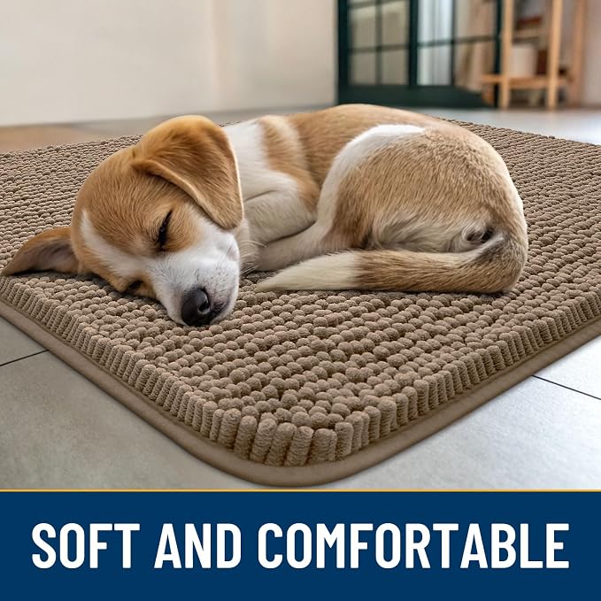 Smiry Dog Door Mat for Muddy Paws 47x24, Absorbent Dirt Trapper, Non-Slip Washable Chenille Entryway Rug for Inside Floor, Camel, Classic Solid