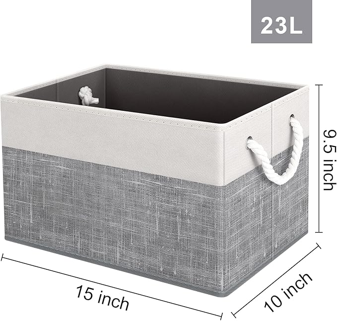 Fab totes Storage Bins 2-Pack, Foldable Storage Baskets for Organizing Toys, Books, Shelves, Closet, Large Storage Box with Rope Handles, Sturdy Organizer Bins, White & Grey