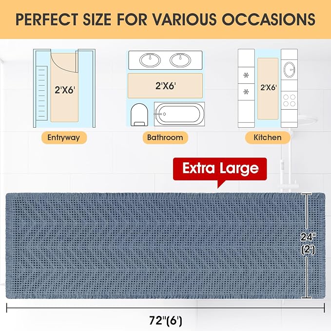 IM HOME Extra Large Waffle Bath Mat, Boho Bathroom Rugs Absorbent Non Slip, Ultra Soft Bathroom Mat, Machine Washable Knit Bath Rugs with Herringbones for Bathroom,Bedroom,Kitchen,Shower,6'x2', Blue