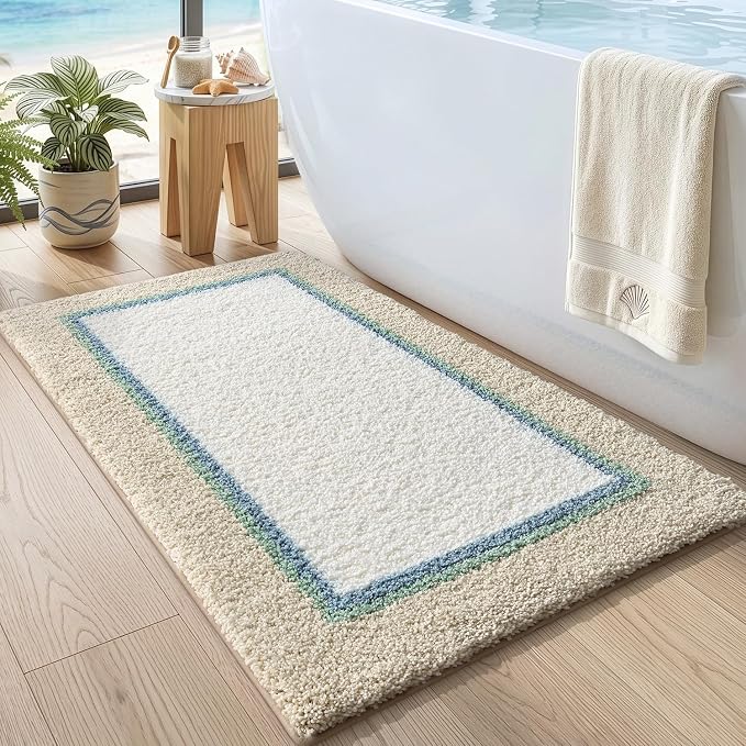 DEXI Bathroom Rugs 43x24, Absorbent Extra Soft Plush Microfiber Bath Mat for Bathroom, Non Slip Washable Bathmat Quick Dry for Shower Floor, Sink, Tub, Laundry Room, Beige and White
