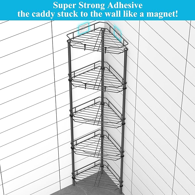 HuggieGems 5 Tier Floor Standing Corner Shower Caddy Organizer Shelf with Hooks, Bathroom Shelves Stand Rack, Black
