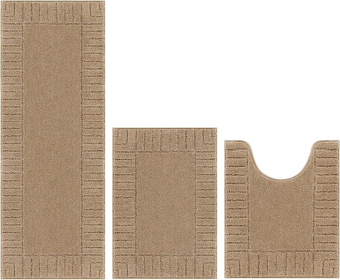 Pauwer Bathroom Rugs Sets 3 Piece Non Slip Machine Washable Bathroom Shower Rugs with U-Shaped Contour Toilet Mat Plush Shaggy Absorbent Microfiber Bath Mat Set, Khaki