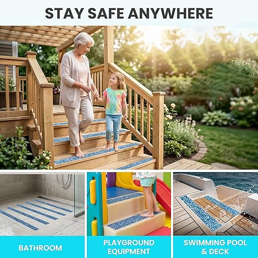LifeGrip Outdoor Anti Slip Stair Treads 5-Pack, 8" X 32" Waterproof Rubber Grip Tape for Outdoor Stairs, Pool, Garden and Deck, Barefoot-Friendly Non Slip Step Strips, Blue