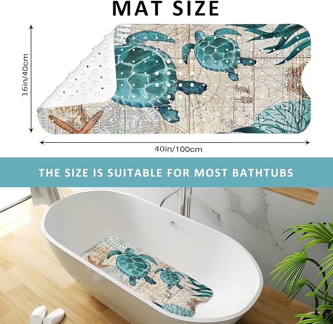 Sea Turtle Bathtub Mat Non Slip, Baby Bath Mat for Tub Rubber Tub Mat, Cute Kids Bath Mats for Bathroom Ocean Beach Anti Slip Shower Mat with Suction and Drain Holes Machine Washable, 40″X16″