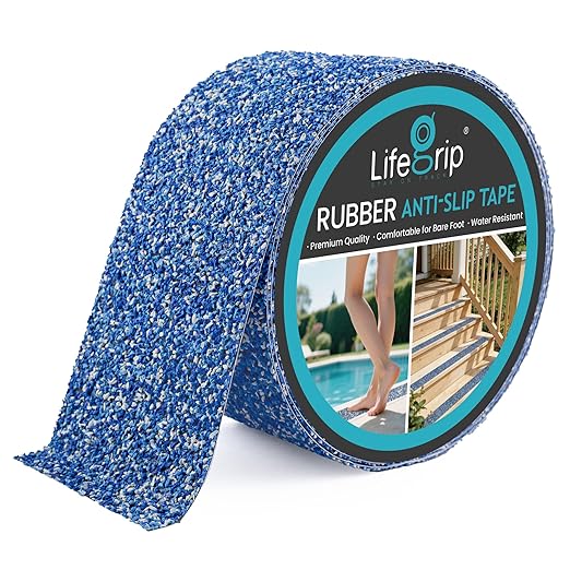 LifeGrip Rubber Anti Slip Tape, Waterproof Grip Tape for Pool, 4 Inch x 38 Foot Non Slip Safety Tape for Stairs, Outdoor, Shower, Wooden Stairs, Textured Comfortable for Bare Foot, Blue