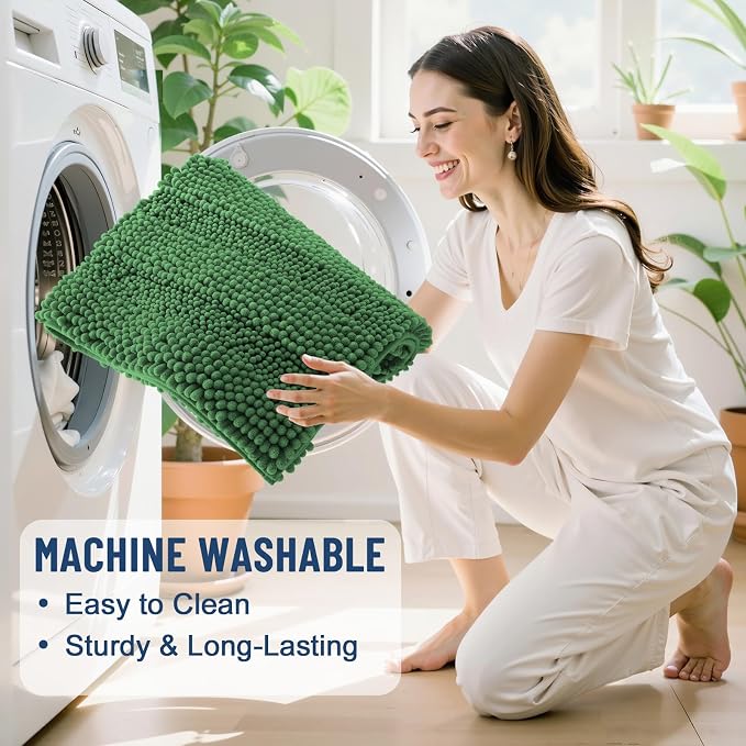 Grandaily Chenille Striped Bathroom Rugs 36x24, Extra Thick and Soft Absorbent Bath Mats, Rubber Backing, Plush Shaggy Shower Carpet, Machine Wash Dry, Bath Rug for Bathroom, Olive Green