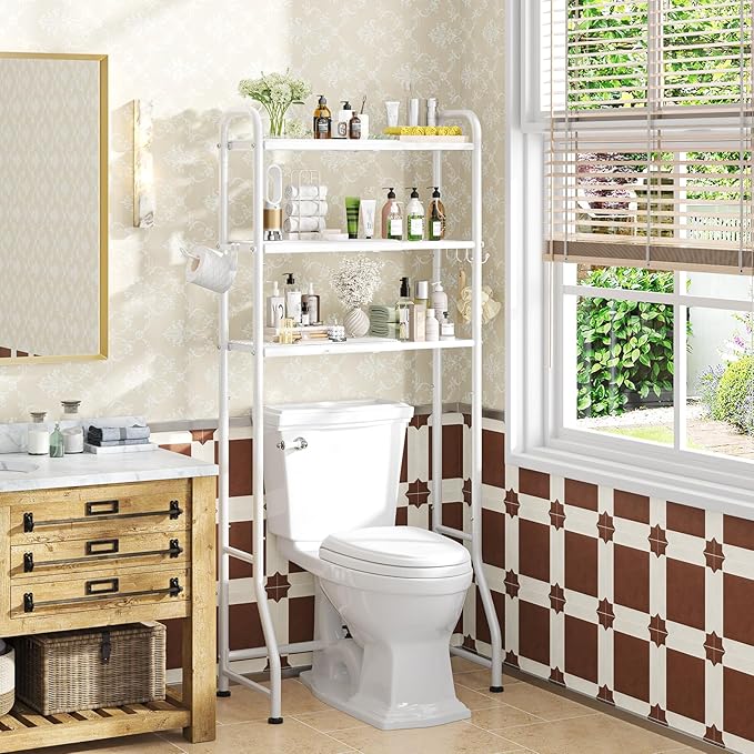 Simple Trending Expandable Over The Toilet Storage Rack, Metal 3 Tier Bathroom Organizer Shelf with Paper Holder and 3 Hooks, White