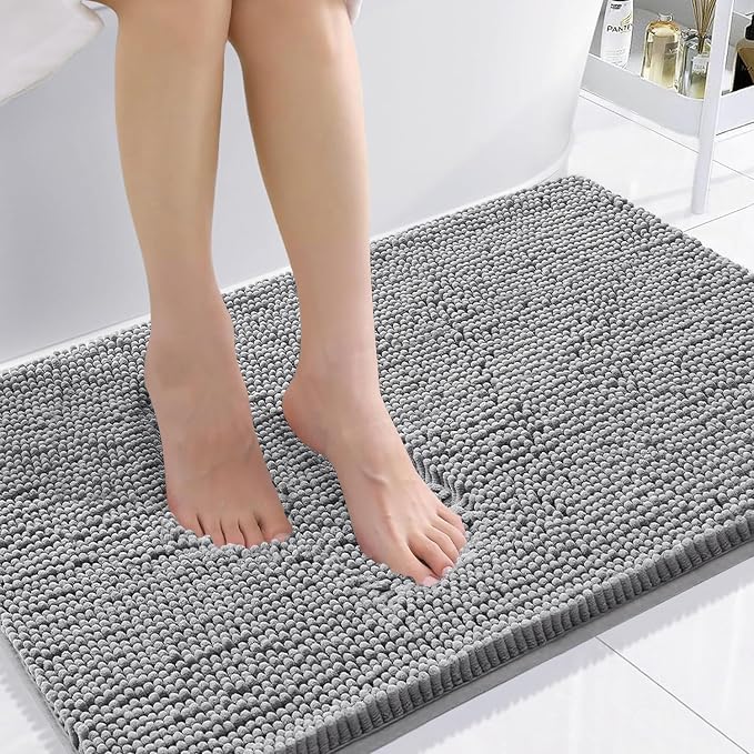 Smiry Luxury Chenille Bathroom Rugs 36x24, Extra Soft and Absorbent Shaggy Bath Mat, Machine Washable, Non-Slip Plush Carpet Runner for Tub, Shower, and Floor, Home Decor Accessories, Grey