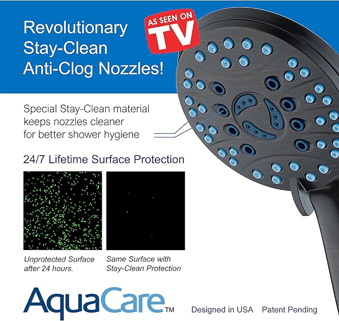 Hotel Spa AquaCare High Pressure 8-mode Handheld Shower Head - Anti-clog Nozzles, Built-in Power Wash to Clean Tub, Tile & Pets, Extra Long 6 ft. Stainless Steel Hose, Wall & Overhead Brackets