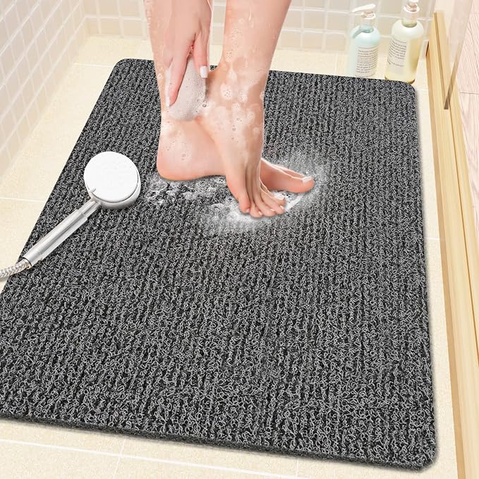 Shower Mat Bathtub Mat Non-Slip,24x16 inch, Soft Tub Mat with Drain,PVC Loofah Bath Mat (Phthalate Free) for Tub and Bathroom,Quick Drying,Black