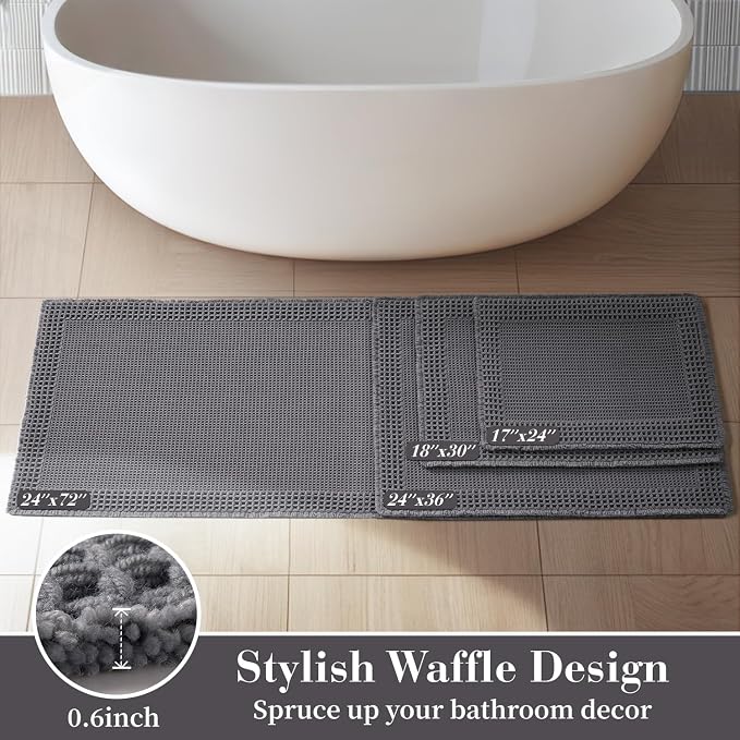 RESARE Waffle Bathroom Runner Rugs, Super Absorbent Bath Mat Non Slip Washable Quick Dry, Upgraded Ultra Soft Boho Bath Rugs with Tassels, Farmhouse Home Decor Accessories, 2'x4'(24"x48") Dark Grey