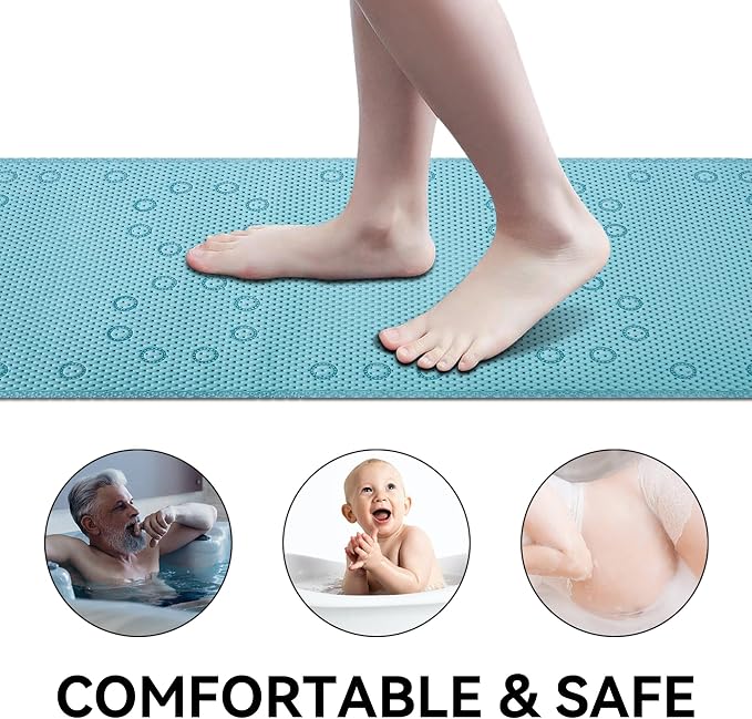Bathtub Mat Non Slip Blue 36” X 17” Shower Mat Soft Foam Bath Mats for Bathroom Tub, Bathtub Mat with Drain Holes, Suction Cups, Shower Mat Non Slip
