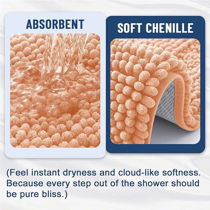 Grandaily Chenille Striped Bathroom Rugs 24x16, Extra Thick and Soft Absorbent Bath Mats, Rubber Backing, Plush Shaggy Shower Carpet, Machine Wash Dry, Bath Rug for Bathroom, Peach