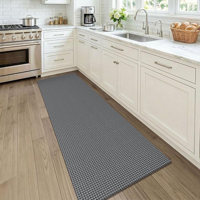 KOZYFLY Woven 2x7 Washable Kitchen Runner Rug, Non Slip Runners for Hallway, Cotton Entryway Runner, Braided Floor Carpet for Entry, Kitchen, Bedside, Hall, Grey/Dark Grey
