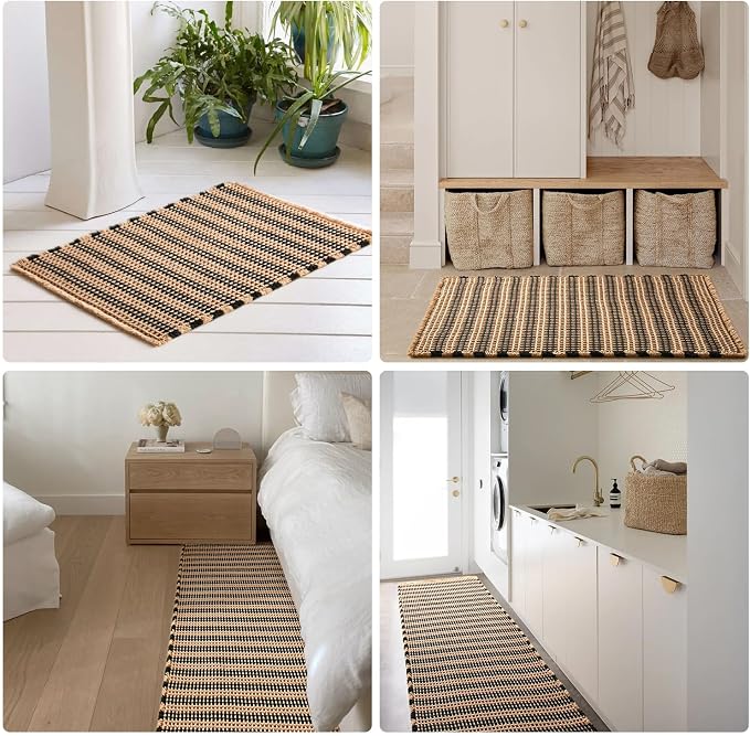 TYUU Waffle Runner Rug Bathroom, Long Boho Bathroom Rugs Non Slip Washable Super Absorbent Quick Dry Farmhouse Bath Decor, 72"x24" Black and Khaki