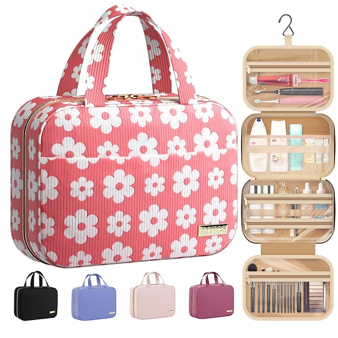 HOTOR Travel Toiletry Bag - Hanging Toiletry Bag for Women & Men, Makeup Bag/Big Comparment, Waterproof for Travel Accessories, Travel Essentials, Medium, Pink with White Daisy