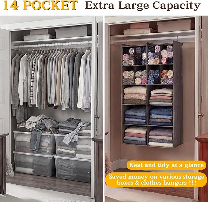 Ofiray-home 5 Tier Hanging Closet Organizer, 14 Compartments Sweater Organizer for Closet with 3 Sturdy Hooks, Closet Organizers and Storage, Wardrobe, Rv, Garment Rack, Grey