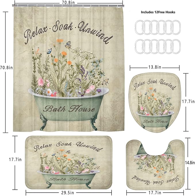 Nkzply 4 Pcs Green Floral Shower Curtain Set Vintage Flowers Leaves Bathroom Sets with Shower Curtain and Rugs Rustic Plant Farmhouse Bathroom Decor Country Bathtub Bathroom Rugs Toilet Lid Cover