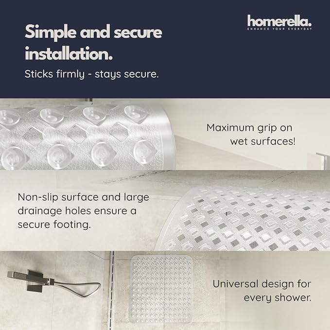 homerella® Shower Mat Non Slip Anti Mold, Non Slip Shower Mats for Inside Shower Stall Anti Slip Mat, Square Shower Floor Mat 21 x 21 in with Suction Cups & Hooks for Quick Drying, Machine Washable