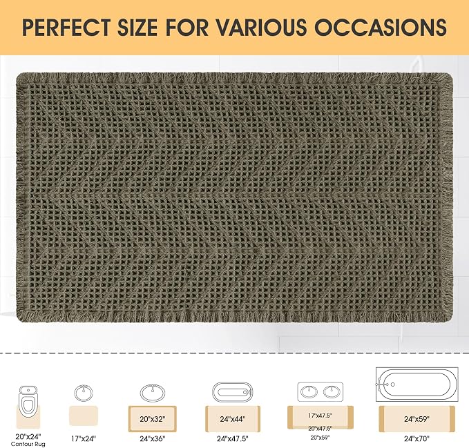 Upgrade Waffle Bath Mat, 32"x20" Greyish Green, Boho Bathroom Rug Absorbent Non Slip, Ultra Soft Bathroom Mat, Machine Washable Knit Bath Rugs with Herringbones for Bathroom, Bedroom, Kitchen, Shower