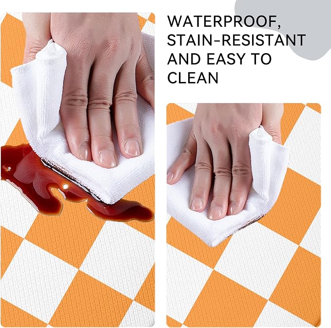 White Orange Checkered Grid Checkerboard Kitchen Rug Sets [2 PCs], Anti-Fatigue, Waterproof Non-Slip Kitchen Mats Heavy Duty Comfort Foam Rug for Kitchen, Floor, Laundry,17"x29"+17"x47"