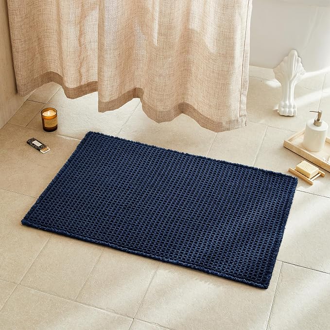 TYUU Waffle Bath Mat, Boho Bathroom Rugs Non Slip Washable Super Absorbent Quick Dry Bath Mat Farmhouse Bathroom Decor, 36"x24" Navy Blue
