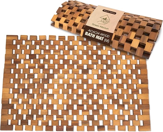 Acacia Wood Bath Mat - Non Slip Sturdy Wooden Bathroom Mat - Large Outdoor Shower Mat for Indoor & Outdoor Shower, Spa, Sauna, Cold Plunge, Camping 16" x 24"