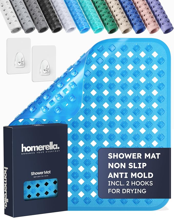 homerella® Shower Mat Non Slip Anti Mold, Non Slip Shower Mats for Inside Shower Stall Anti Slip Mat, Square Shower Floor Mat 21 x 21 in with Suction Cups & Hooks for Quick Drying, Machine Washable