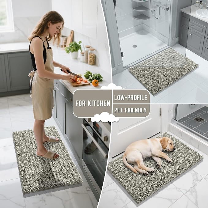 Yimobra Long Bathroom Rugs Non Slip Washable 44x24 Inch - Ultra Soft Absorbent Chenille Bath Mat, Quick Dry Shaggy Floor Carpet for Tub Shower, Sand Home Decor Accessories