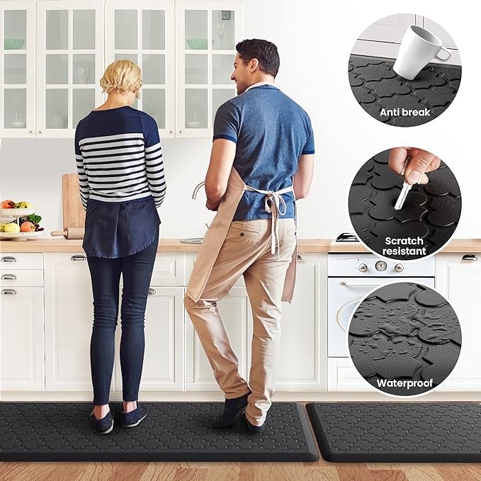 Kitchen Mat [2 PCS] Cushioned Anti-Fatigue Floor Mat Water Resistant Non-Skid Kitchen Mats and Rugs Ergonomic Comfort Foam Kitchen Rugs Standing Mat for Floor Office Sink(Black,17.3"x28"+17.3"x60")