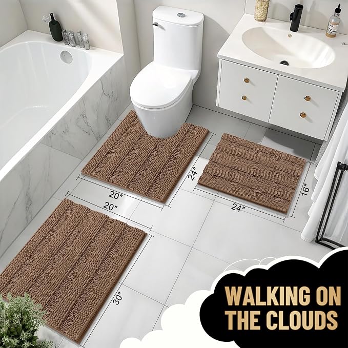 OLANLY Thick Bathroom Rugs 36x24, Extra Soft Absorbent Chenille Striped Bath Rugs, Rubber Backing, Machine Wash Dry, Bath Mats for Bathroom Floor, Tub and Shower, Home Decor Accessories, Mocha