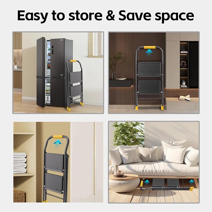 Foldable 2 Step Step Ladder with Handrails for Home Adults, Heavy Duty 600Lbs Extension Tall Stool for Indoor Kitchen Closet
