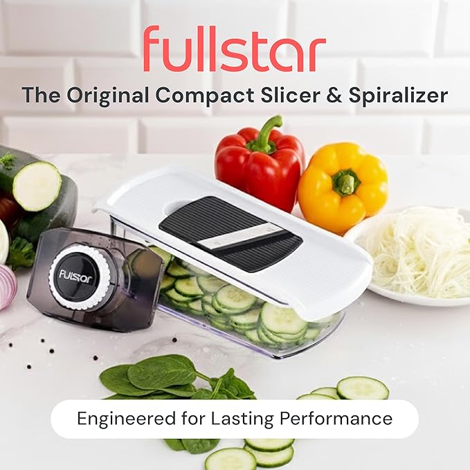 Fullstar Mandoline Slicer for Kitchen, Fruit Cutter, Cheese Grater, Cucumber Slicer, Veggie Spiralizer, Food Cutter & Kitchen Gadgets & Gifts with Safety Glove (6 in 1, Clear)