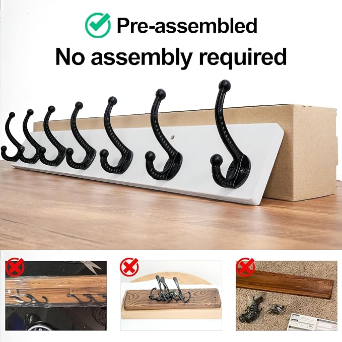 WEBI Rustic Coat Rack Wall Mount,30" Long 7 Cast Iron Coat Hooks Wall Mounted,Heavy Duty Wood Wall Coat Hanger Hooks for Hanging Coats,Jacket,Clothes,Backpack,Farmhouse,Black on White,2 Packs