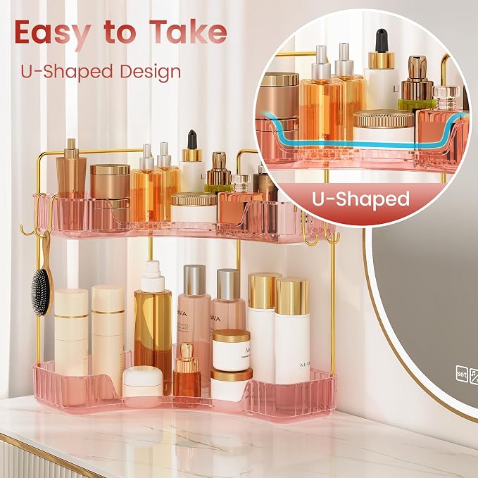 Delicate Pink 2-Tier Corner Counter Organizer with Expandable Hooks | Bathroom, Kitchen & Vanity Storage for PET Makeup, Skincare & Jewelry