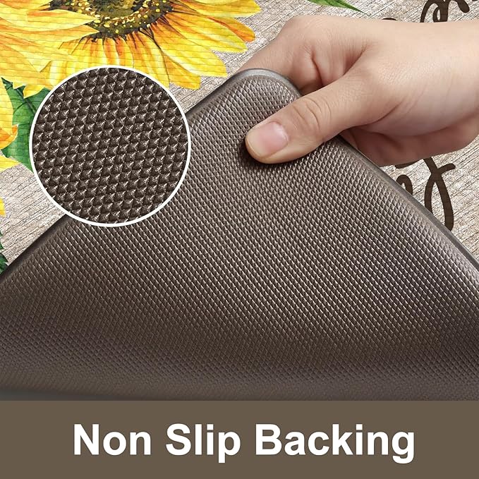 KIMODE Anti Fatigue Kitchen Mat for Floor, Farmhouse Sunflower Kitchen Rugs 2 PCS, Kitchen Floor Mats Non-Slip Cushioned, Comfort Standing Mat for Sink, Laundry, Desk Brown 17"x47"+17"x29"