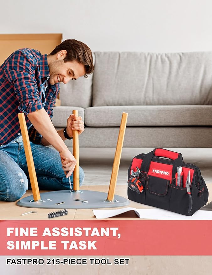 FASTPRO 215-Piece Home Repairing Tool Set with 12-Inch Wide Mouth Open Storage Bag, Household Hand Tool Kit,Red