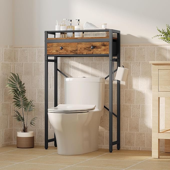 MAHANCRIS Over Toilet Storage, 2-Tier Bathroom Organizer Shelf with 2 Fabric Drawers and Toilet Paper Holder, Freestanding Above Toilet Rack for Small Spaces, Space-Saving, Rustic Brown TSHR1101