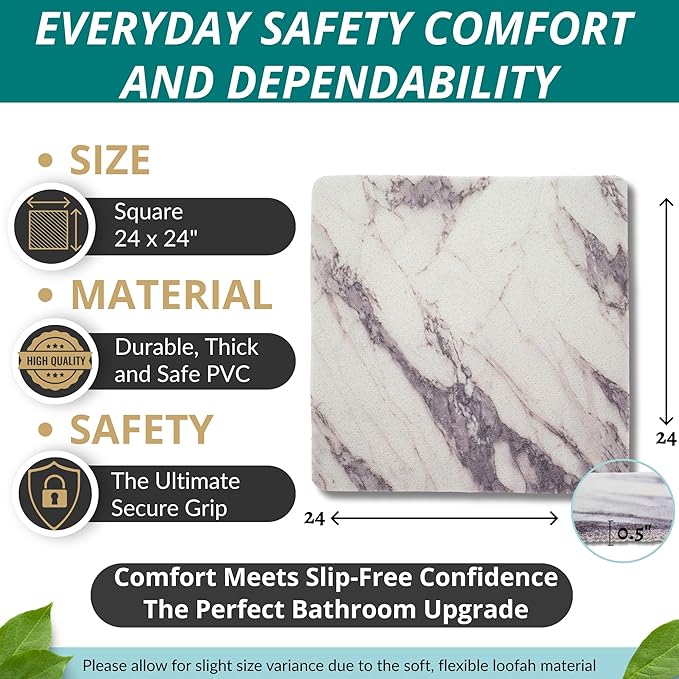 Enkosi Loofah Shower Mat Non Slip – Square Anti Slip Bath Mat for Inside Showers, Bathtub, Tub, Bathroom - Cushioned, Quick Dry PVC with Drain Holes - Secure Grip Safety Pad (Marble Grey 24x24)