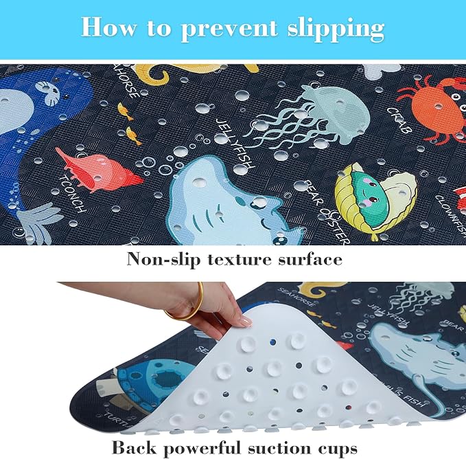 Secopad Bath Mat for Tub Non Slip, Machine Washable Anti-Slip Cartoon Baby Bathtub Shower Mat with Drain Holes and Suction Cups for Toddler & Kids, 40 Inch x 16 Inch, Navy Sea Animals
