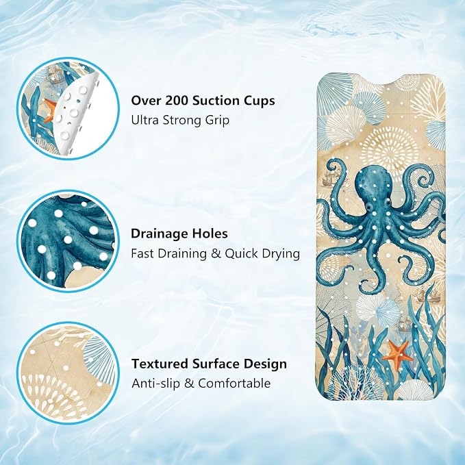 Bath Mat for Tub, Nautical Octopus Bathtub Mats, Machine Washable, Non Slip Shower Mat with Suction Cups and Drain Holes for Adults Kids, Vintage Coastal Tub Mats Gift for Nautical Lovers Bath Decor
