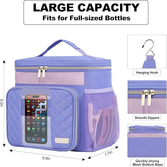 Portable Shower Caddy College Dorm Essentials (Full Size Bottle Compatible), Toiletry Bag for Women Men, Hanging Makeup Organizer Bag for Travel,Gym & Camping,Purple