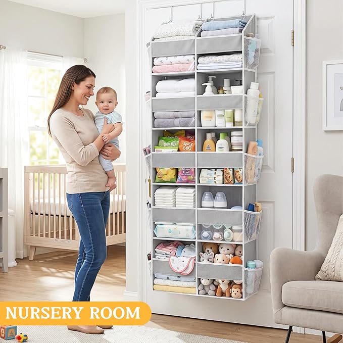 Over The Door Organizer, 5-Tier Extra Large Behind Door Storage with 10 Big Front & 10 Mesh Pockets, 80lb Capacity, Hanging Storage Organizer with Clear Window Kids Toys, Shoes, Diapers, Light Grey