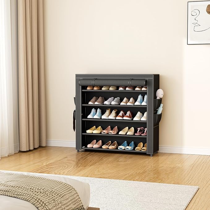 LANTEFUL Shoe Rack with Covers 5 Tier Tall Shoe Rack Organizer Large Capacity Shoe Shelf Storage 20-24 Pairs Space Saving Free Standing Shoe Storage Organizer for Closet, Entryway, Dorm, Black